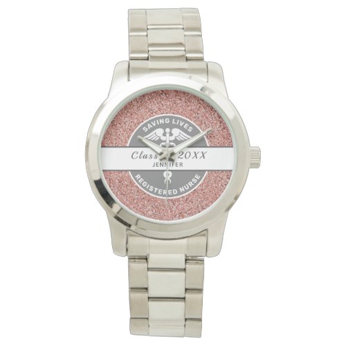 Nursing Graduation RN Pink Glitter Custom Monogram Watch