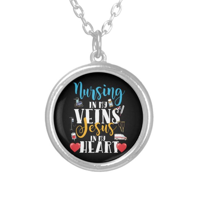 Nursing in My Veins Christian RN Nurse Silver Plated Necklace (Front)