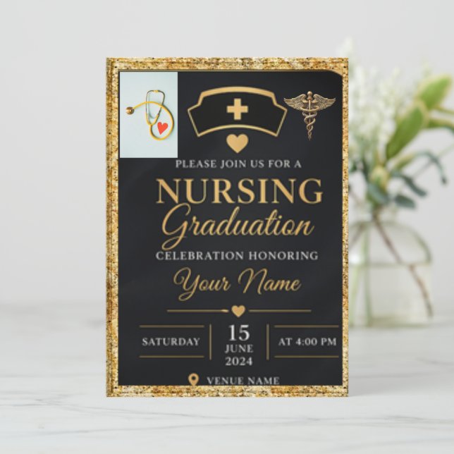 nursing invite black gold, caduceus invitation, me (Standing Front)