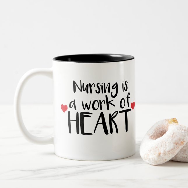 Nursing is a Work of Heart - Red Hearts Two-Tone Coffee Mug (With Donut)