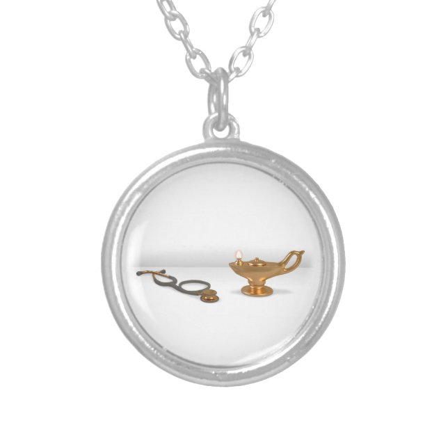 Nursing Lamp And Stethoscope Silver Plated Necklace (Front)