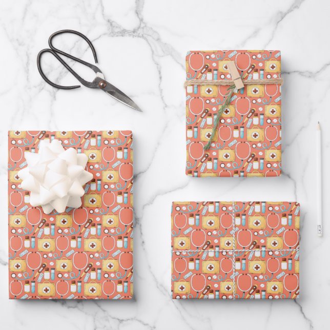 Nursing Medical Pattern Stethoscope Thermometer  Wrapping Paper Sheets (Front)