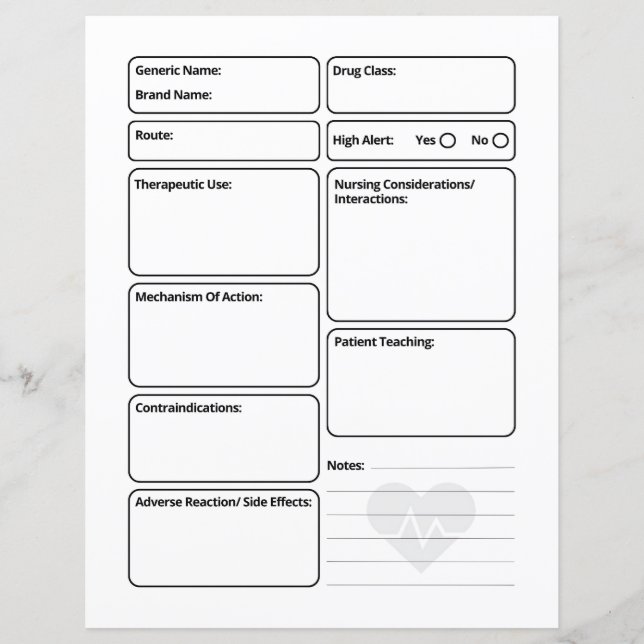 Nursing Pharmacology Blank Medication Template (Front)