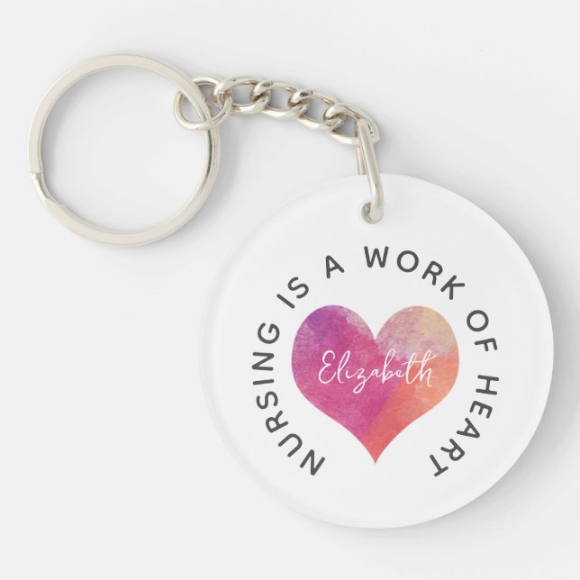 Nursing Pink Watercolor Heart Personalized Keychain (Front)