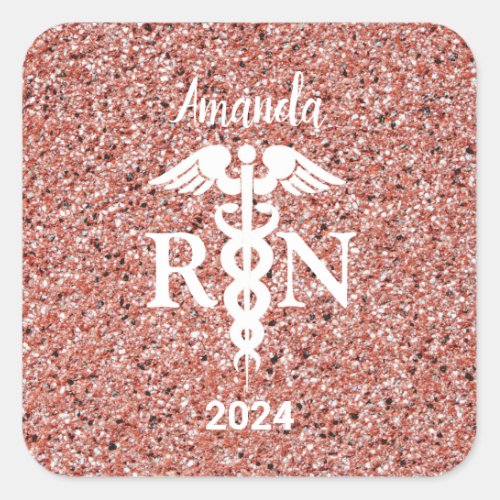 Nursing RN Graduation Pink Glitter Personalized Square Sticker