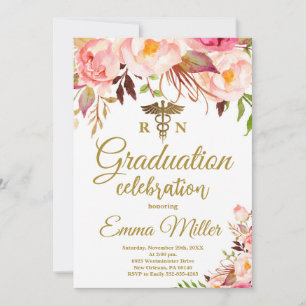 Nursing School Boho Floral and Gold Graduation Invitation