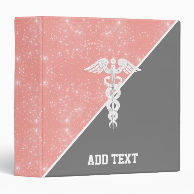 Nursing School Caduceus Blush Pink Faux Glitter 3 Ring Binder (Front/Spine)