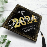 Nursing School Class of 2024 Graduation Cap Topper<br><div class="desc">Nursing student graduation cap topper featuring a stylish black background that can be changed to any color,  the caduceus symbol,  gold glitter border,  the year 2024 in a faux gold foil font,  and a modern text template that is easy to personalize.</div>