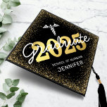 Nursing School Class of 2024 Graduation Cap Topper<br><div class="desc">Nursing student graduation cap topper featuring a stylish black background that can be changed to any color,  the caduceus symbol,  gold glitter border,  the year 2024 in a faux gold foil font,  and a modern text template that is easy to personalize.</div>