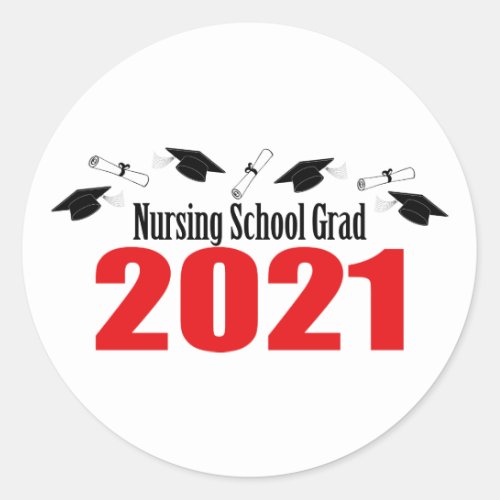 Nursing School Grad 2021 Caps And Diplomas Red Classic Round Sticker