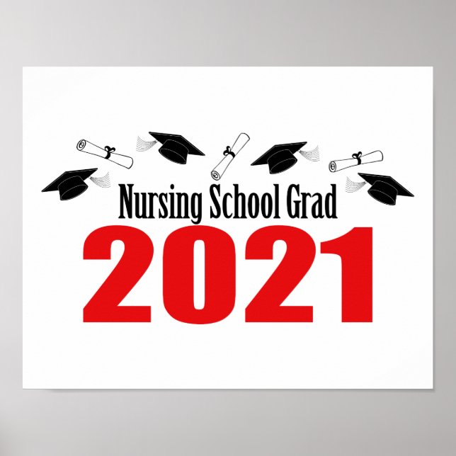 Nursing School Grad 2021 Caps And Diplomas (Red) Poster (Front)