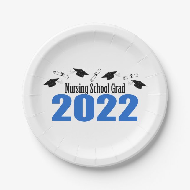 Nursing School Grad Caps & Diplomas (Blue) Paper Plates (Front)