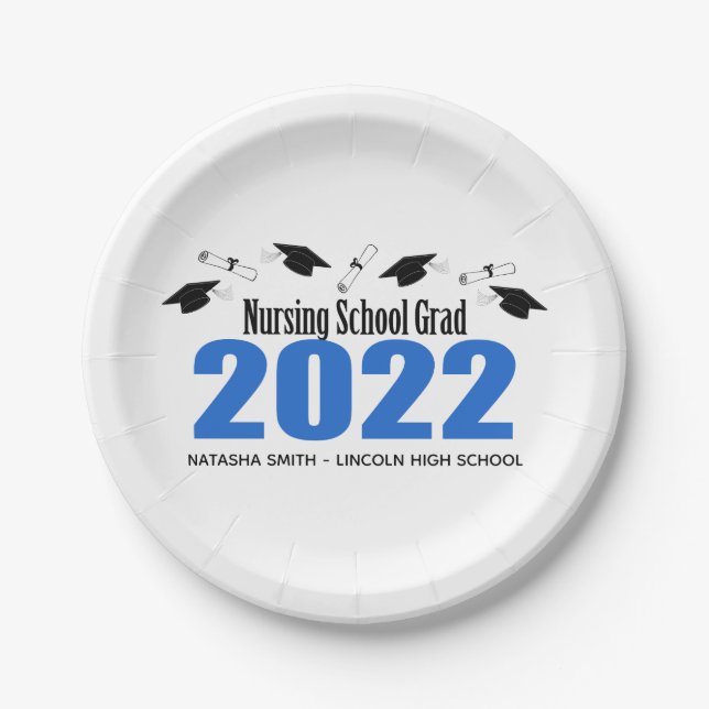 Nursing School Grad Caps & Diplomas (Blue) Paper Plates (Front)