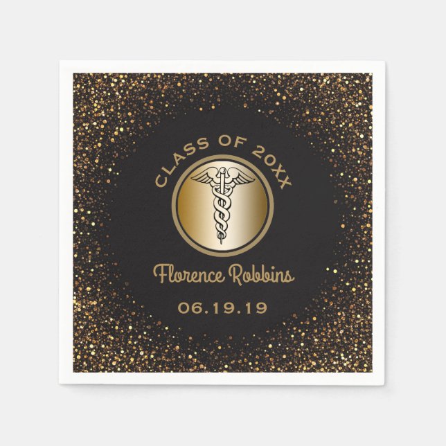 Nursing School Graduation Black Gold Caduceus Napkins (Front)