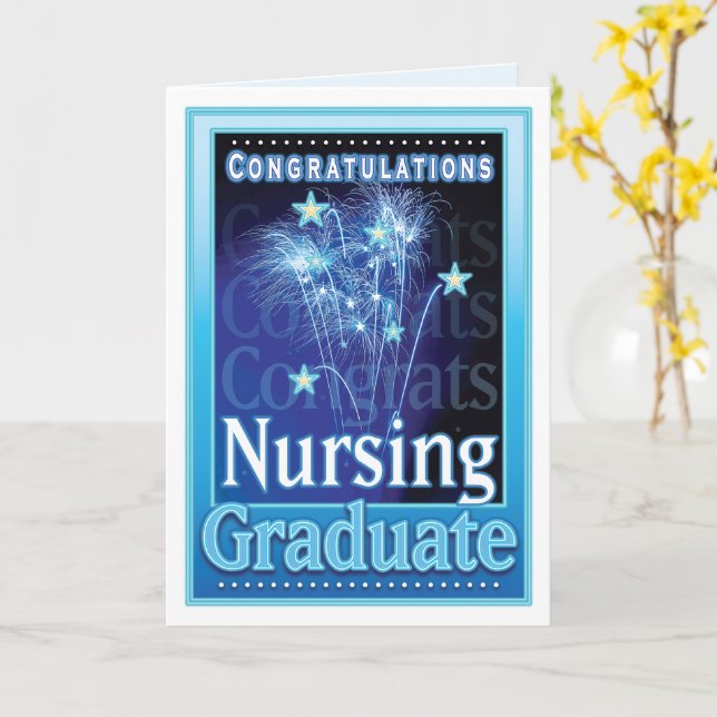 Nursing School Graduation Blue Fireworks and Stars Card (Yellow Flower)
