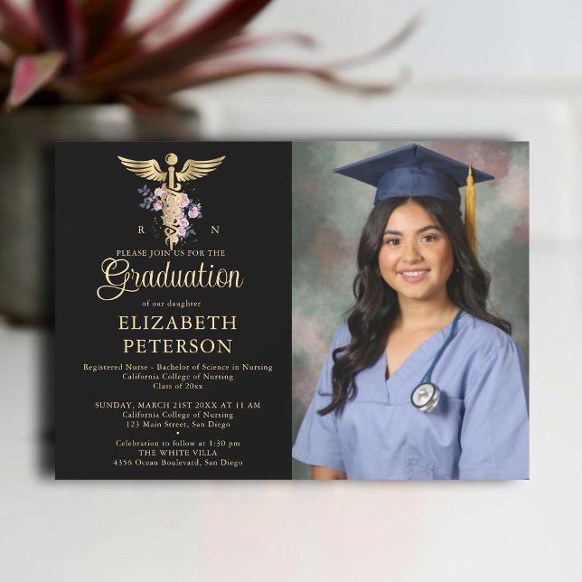 Nursing School Graduation Caduceum Roses Black Invitation (nursing school graduation gold caduceum roses greenery floral contemporary modern photo nurse black)