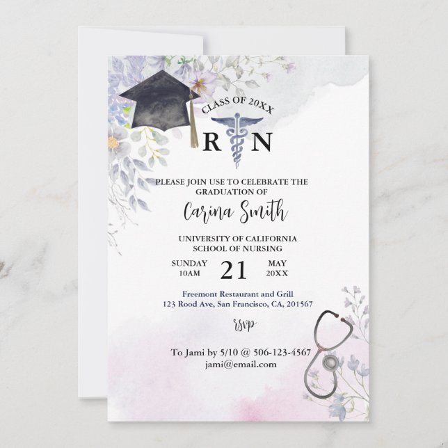 Nursing School Graduation Floral Party Botanical Invitation (Front)