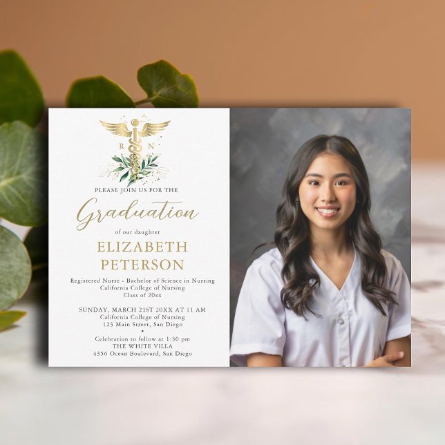 Nursing School Graduation Gold Caduceum Greenery Invitation (nursing school graduation gold caduceum greenery leaves contemporary modern photo nurse)