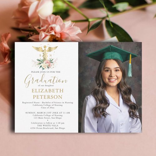 Nursing School Graduation Gold Caduceum Roses Invitation