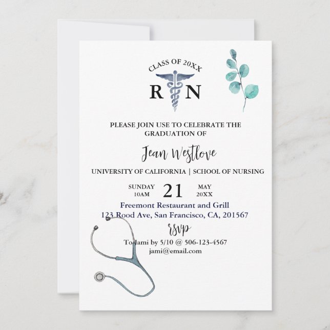 Nursing School Graduation Minimalist Greenery Invitation (Front)