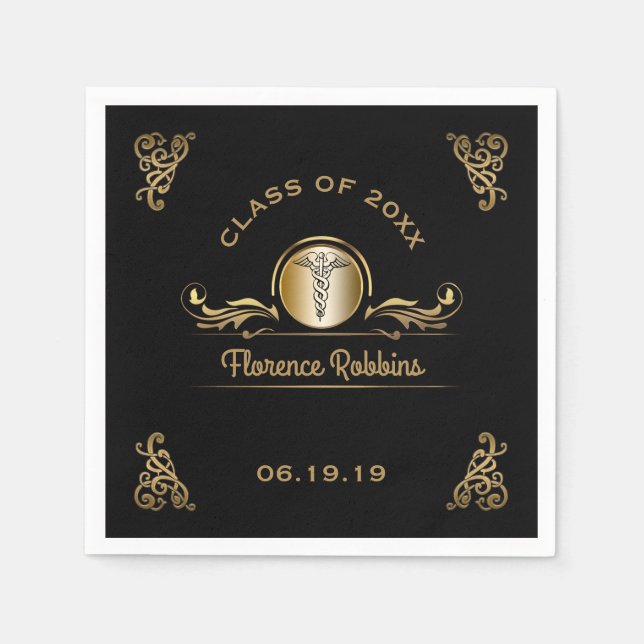 Nursing School Graduation Party Gold Caduceus Napkins (Front)