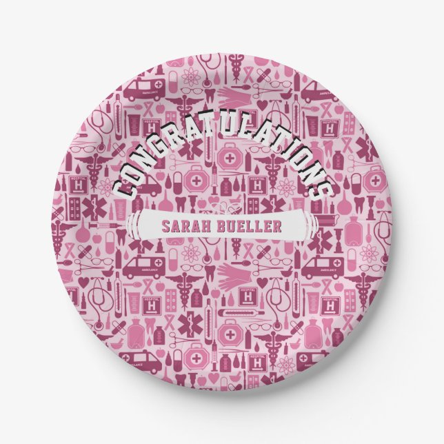 Nursing School Graduation Party Pink Pattern Paper Plates (Front)