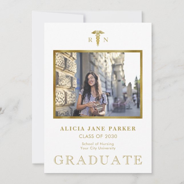 Nursing school graduation photo gold glitter announcement (Front)