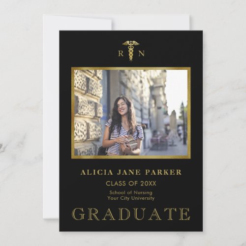 Nursing school graduation photo gold glitter black announcement