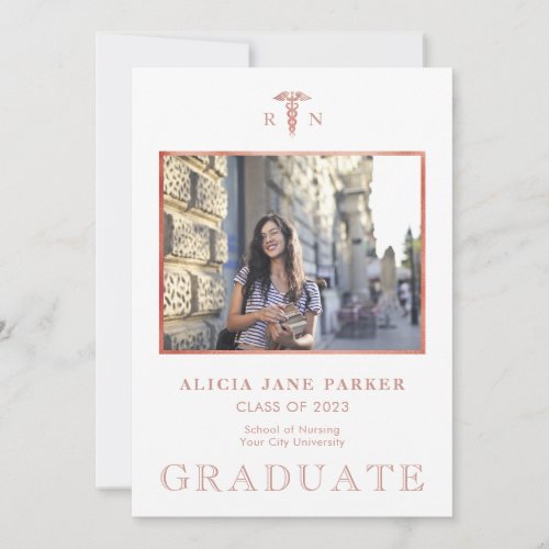 Nursing school graduation photo rose gold glitter announcement