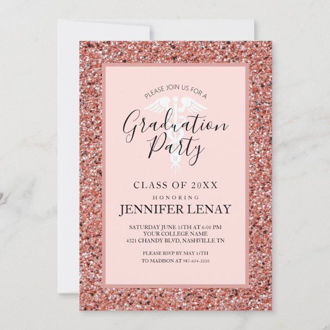 Nursing School Graduation Rose Gold Glitter Party Invitation (Front)