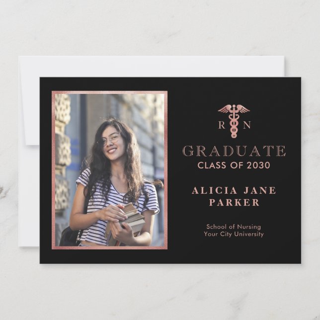 Nursing school graduation rose gold photo announcement (Front)