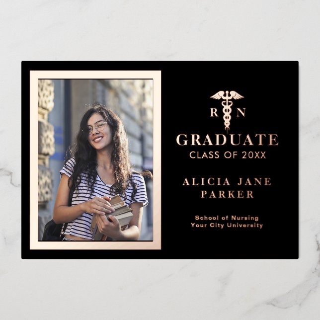 Nursing school graduation rose gold photo foil invitation (Front)
