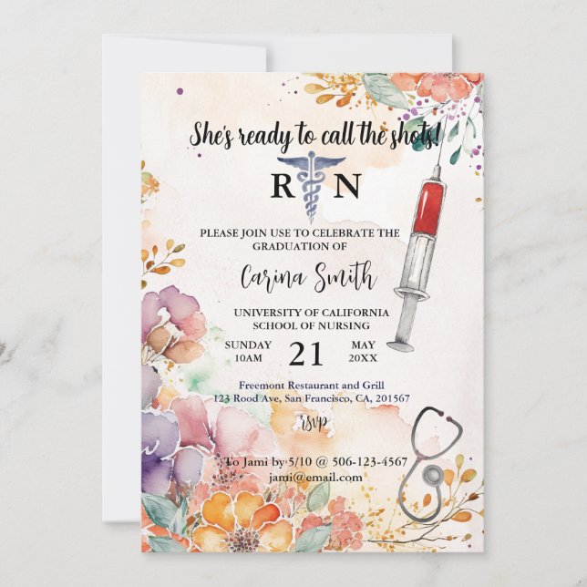 Nursing School Graduation Spring Floral Watercolor Invitation (Front)