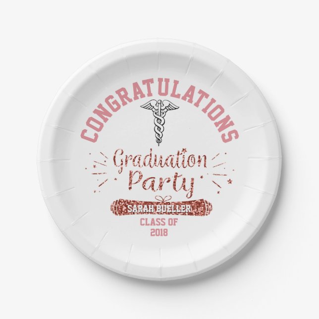 Nursing School Pink Rose Gold Graduation Party Paper Plates (Front)