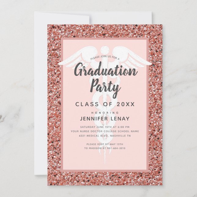 Nursing School Rose Gold Glitter Graduation Party Invitation (Front)