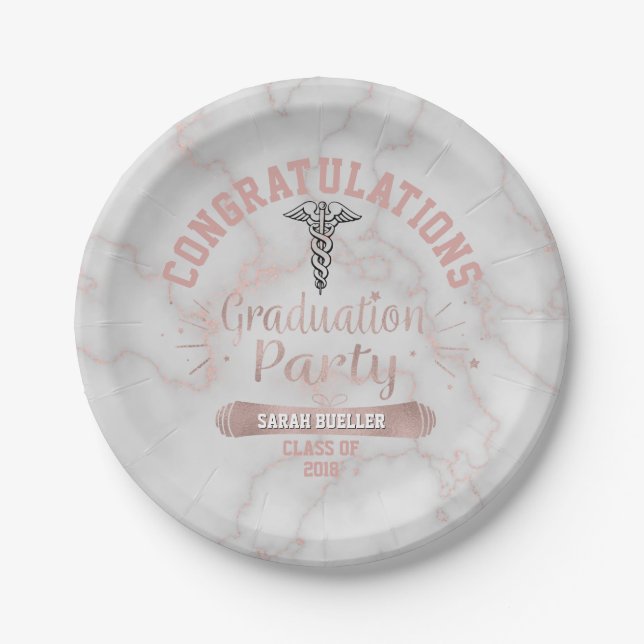 Nursing School Rose Gold Marble Graduation Party Paper Plates (Front)