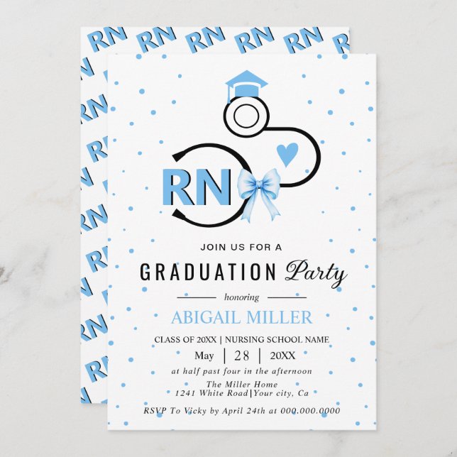 Nursing shool stethoscope blue RN graduation Invit Invitation (Front/Back)