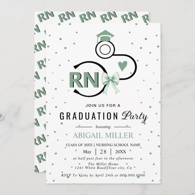 Nursing shool stethoscope green RN graduation Invitation (Front/Back)