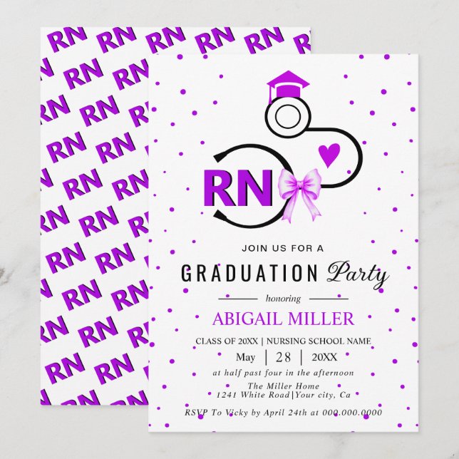 Nursing shool stethoscope purple RN graduation Invitation (Front/Back)