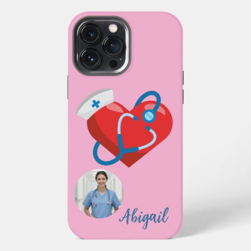 Nursing Student Heart Stethoscope Nurse Name Photo iPhone 13 Pro Max Case