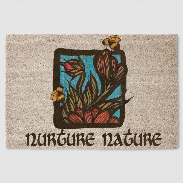 Nurture Nature Bee and Flowers                     Fiber Doormat (Front)