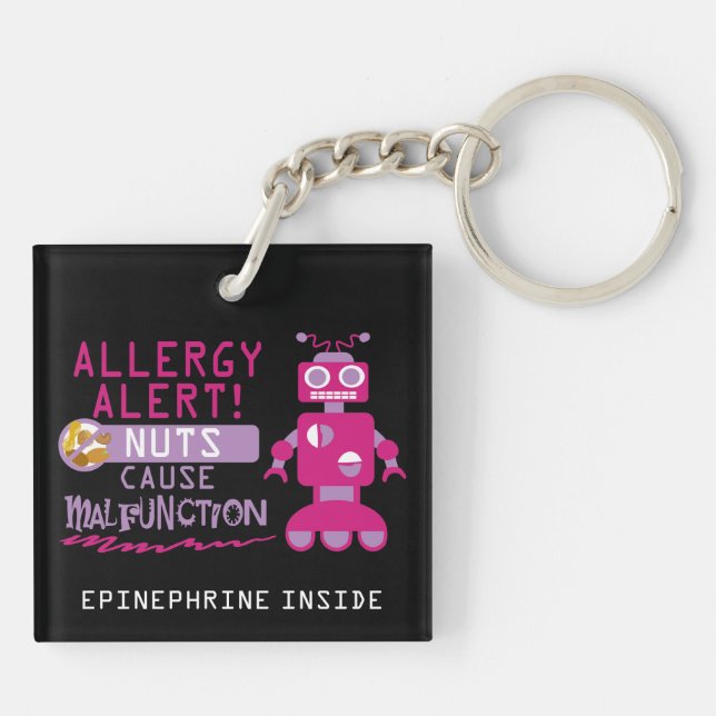 Nut Allergy Kids Pink Robot Girls Personalized Keychain (Back)