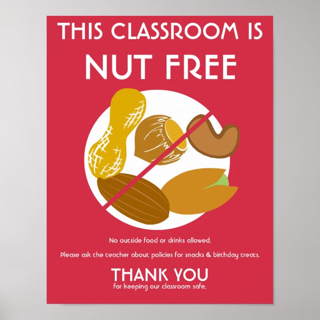 Nut Free Classroom Sign for School or Daycare (Front)