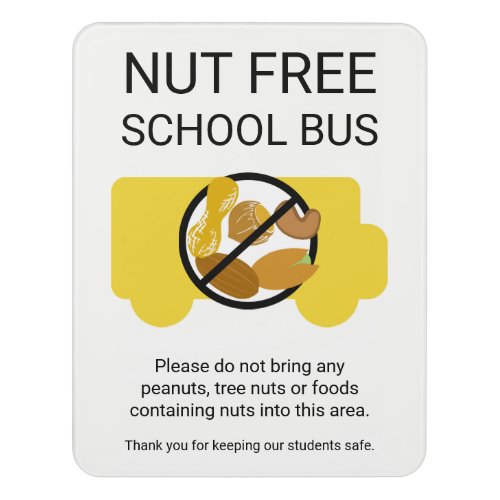 Nut Free School Bus Alert Custom Peanut Free Area Door Sign