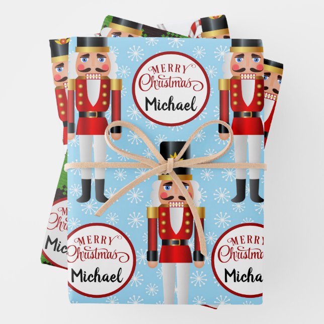 Nutcracker 3 Christmas Personalized Patterns Name Wrapping Paper Sheets (In situ)