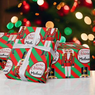 Nutcracker Add Name of Recipient Christmas Stripe Wrapping Paper