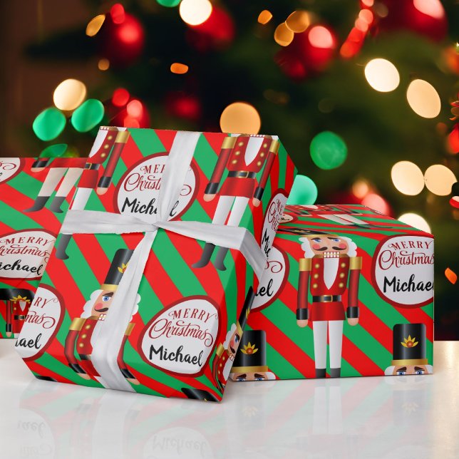 Nutcracker Add Name of Recipient Christmas Stripe Wrapping Paper (Creator Uploaded)