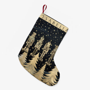 Nutcracker and Golden Christmas Trees with Stars Small Christmas Stocking