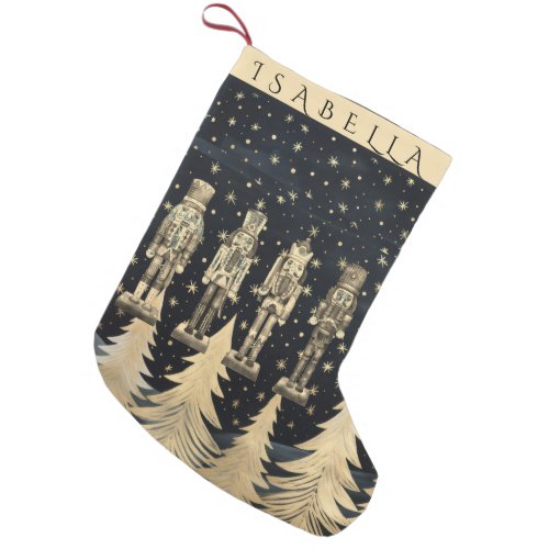   Nutcracker and Golden Christmas Trees with Stars Small Christmas Stocking