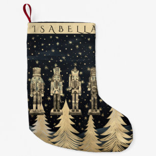 Nutcracker and Golden Christmas Trees with Stars Small Christmas Stocking